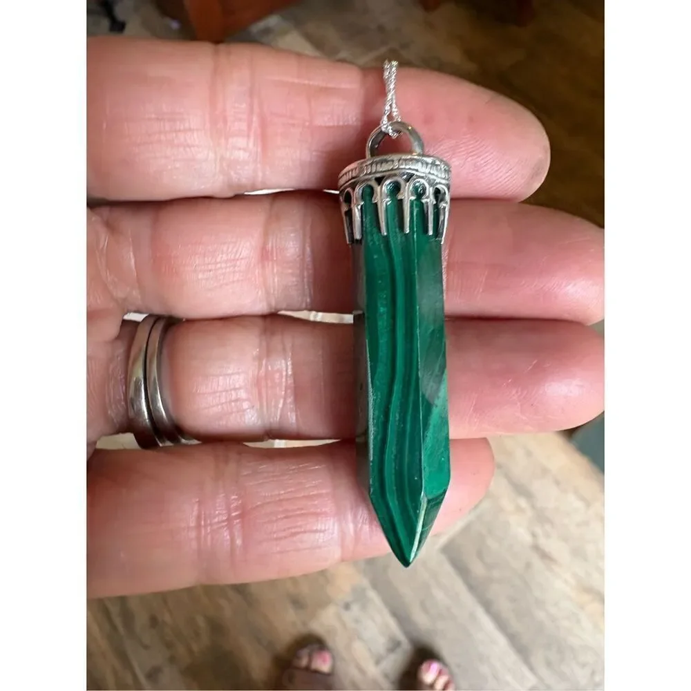 Necklace, Green Malachite Crystal Pendant, Sterling Silver, Handmade, Artisan,